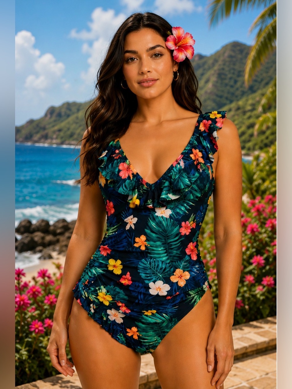 #S56 Tropical floral print one-piece swimsuit-Small